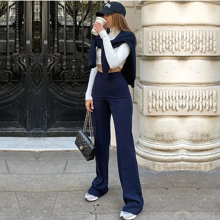 S / NAVY Wholesale Fashion Solid Color Ladies Casual Office Pants Elastic High Waist Trouser  Plain Women Trousers