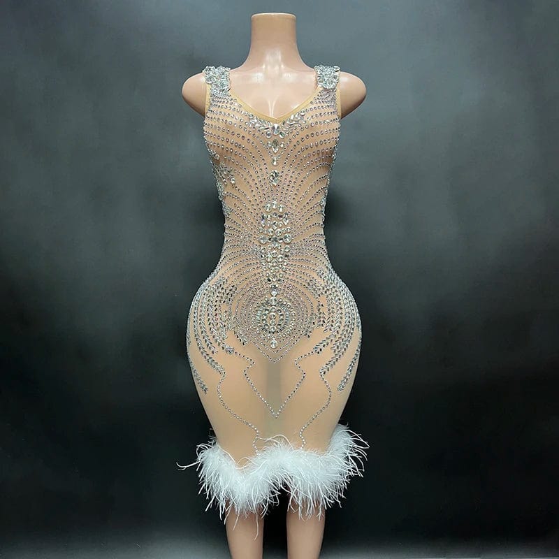 S / nude NOVANCE novedades 2023 new style black feather diamonds sparkling knee length sexy dresses women night party club outfit bar