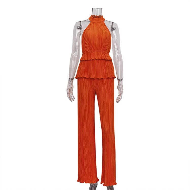 S / Orange 2022 Hot Sale Elegant Casual Loose Pleated Halter Tank Tops 2 Piece Pants Sets Wide Leg Pants Lounge Wear Women Two Piece Set
