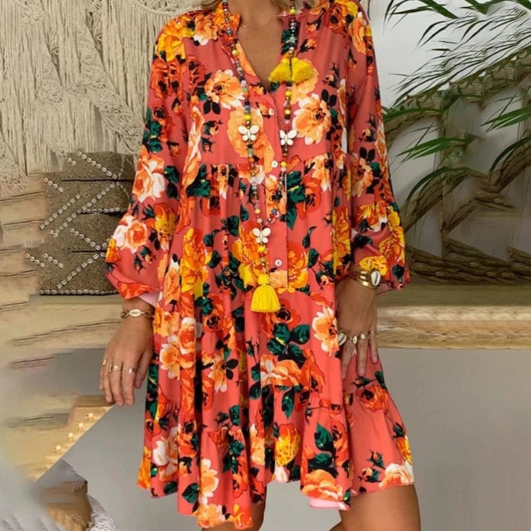 S / Orange 2023 Europe And America Southeast Asia New Casual Fashion Print Long Sleeve Large Size Women's Dress