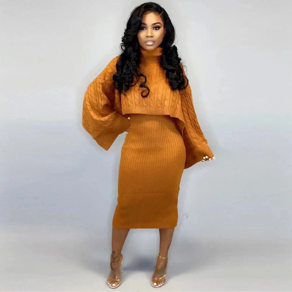 S / Orange 2024 Best-Selling Women Autumn and Winter Sweater Set Long Sleeve High-Neck Solid Color Knee Length Dress