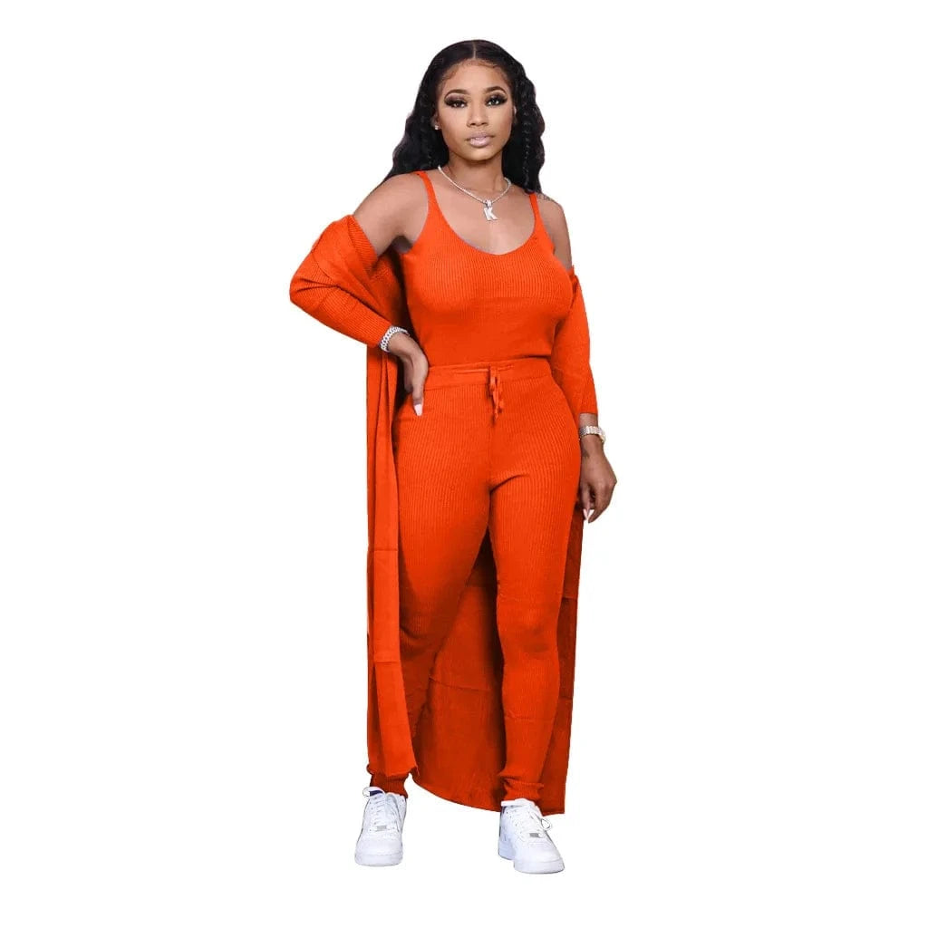 S / Orange 3 Piece Cardigan Autumn Set Womens Clothing Two Piece Fashion 2 Piece Jogger Outfit Women Pant Sets Casual 3pc Fall Set Woman