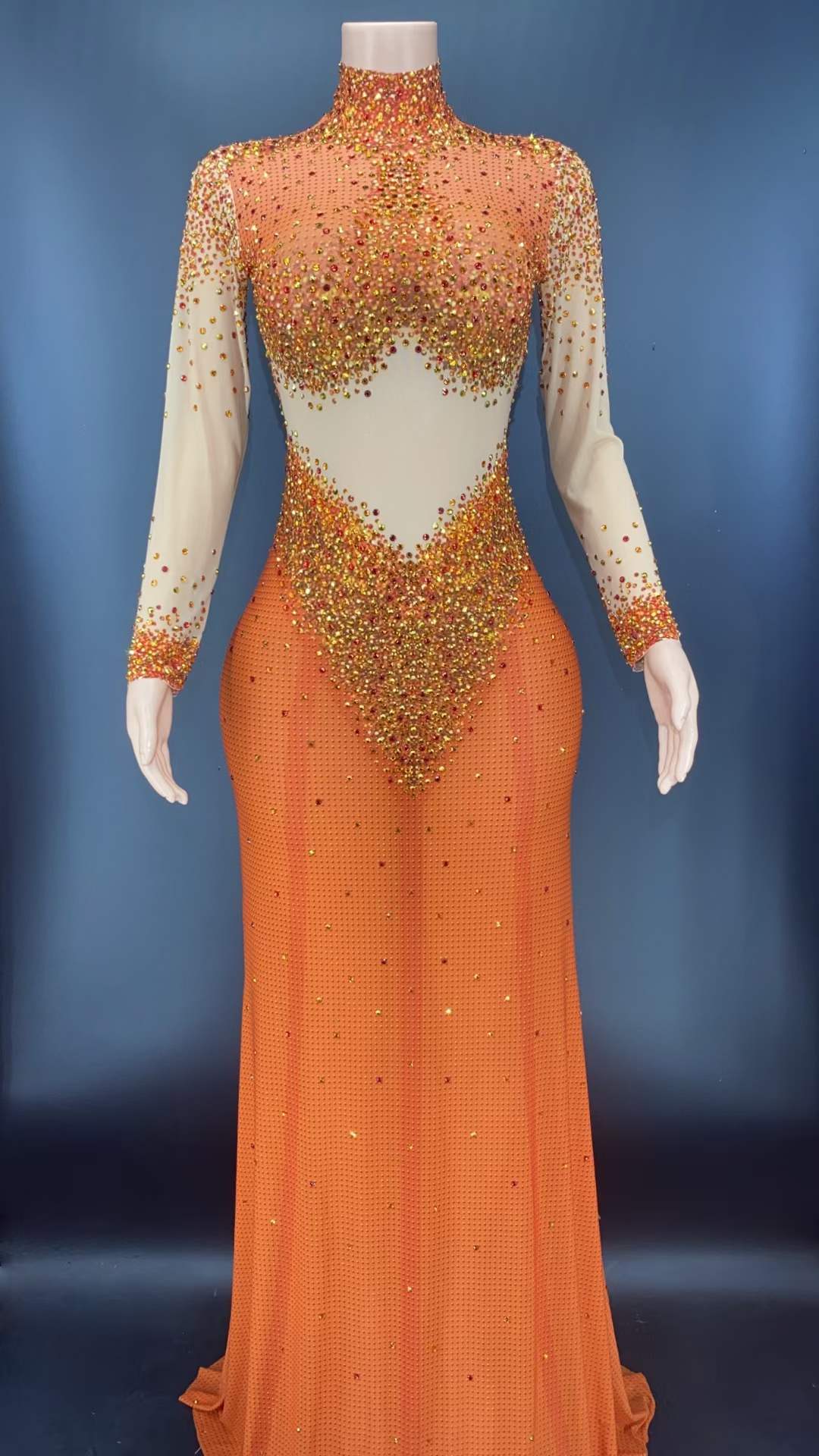 S / Orange AD1154 Long Sleeve Crystal Evening Gowns Party Beading Sequin Exotic Dancewear Women Night Club Outfits