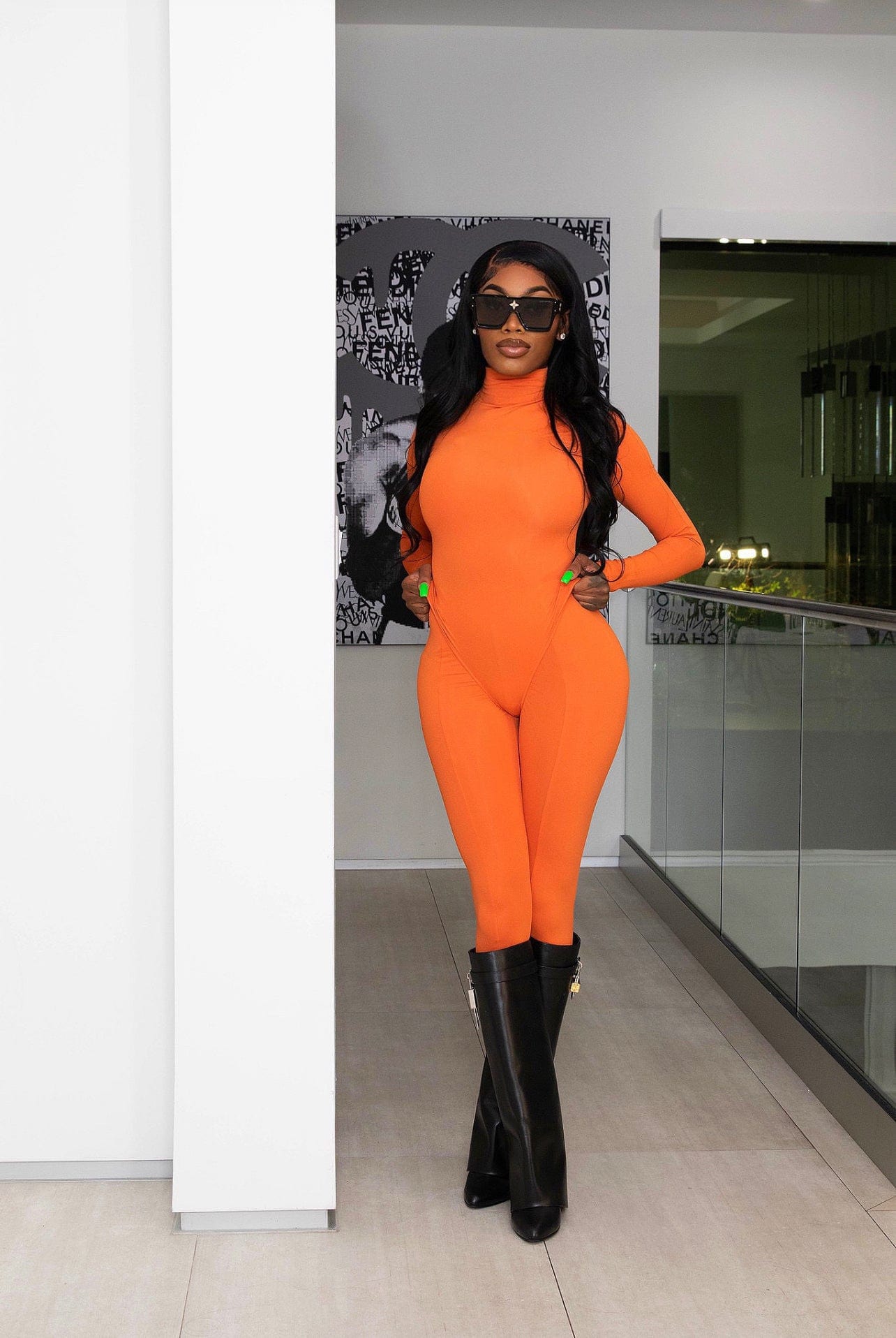 S / Orange C1103TA67 Latest Casual Solid Color Stand Collar Bodysuit High Waist Pants 2 Piece Set Women Sehe Fashion