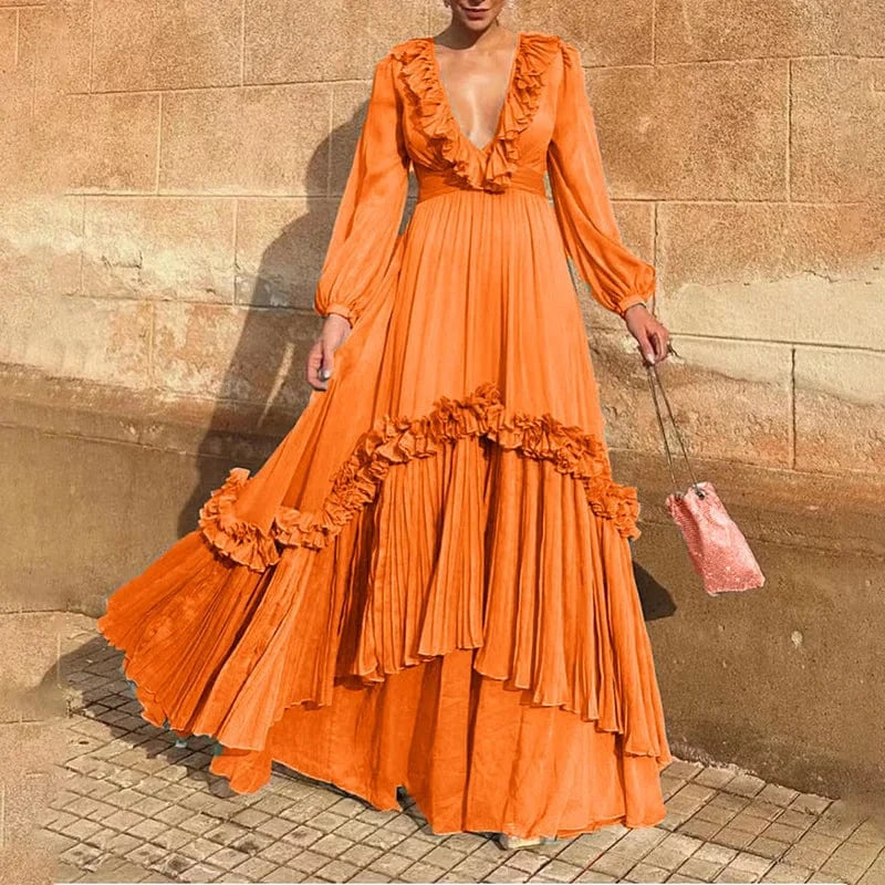 S / Orange CHICEVER Patchwork Ruffles Deep V Neck Lantern Sleeve High Waist Women Dresses Long Sleeve Women Long Dress