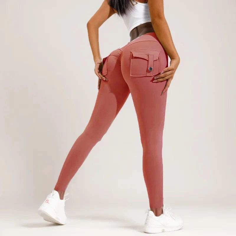 S / Orange D1205MX15 Brand New Product Colorful Gym Tight Fitness High Waist Stretch Pocket Yoga Leggings Pants Sehe Fashion