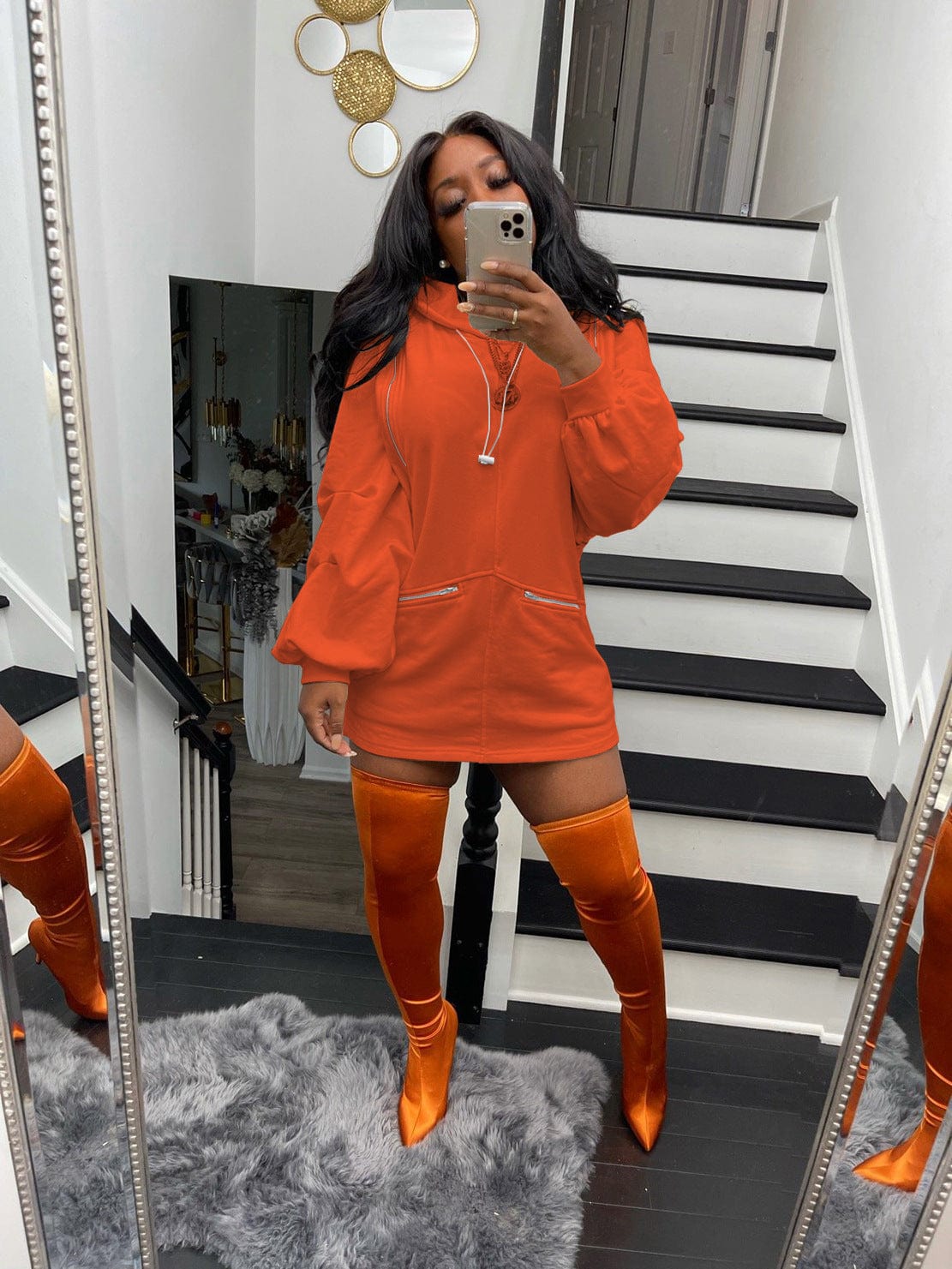S / Orange Fall Trendy Zipper Solid Color Hooded Pullover Sweater Women Casual Hollow Out Solid Midi Sweatshirt Dress