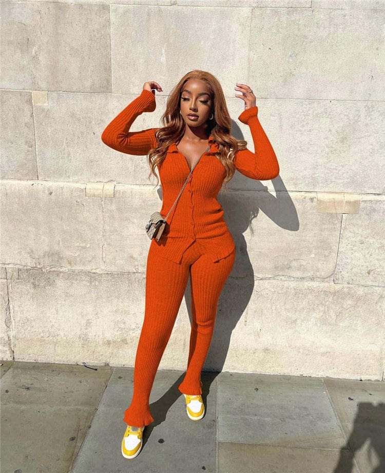S / Orange Fashion New Solid Color Long Sleeve Rib Winter 2 Piece Sets For Women Two Piece Pants Set Women