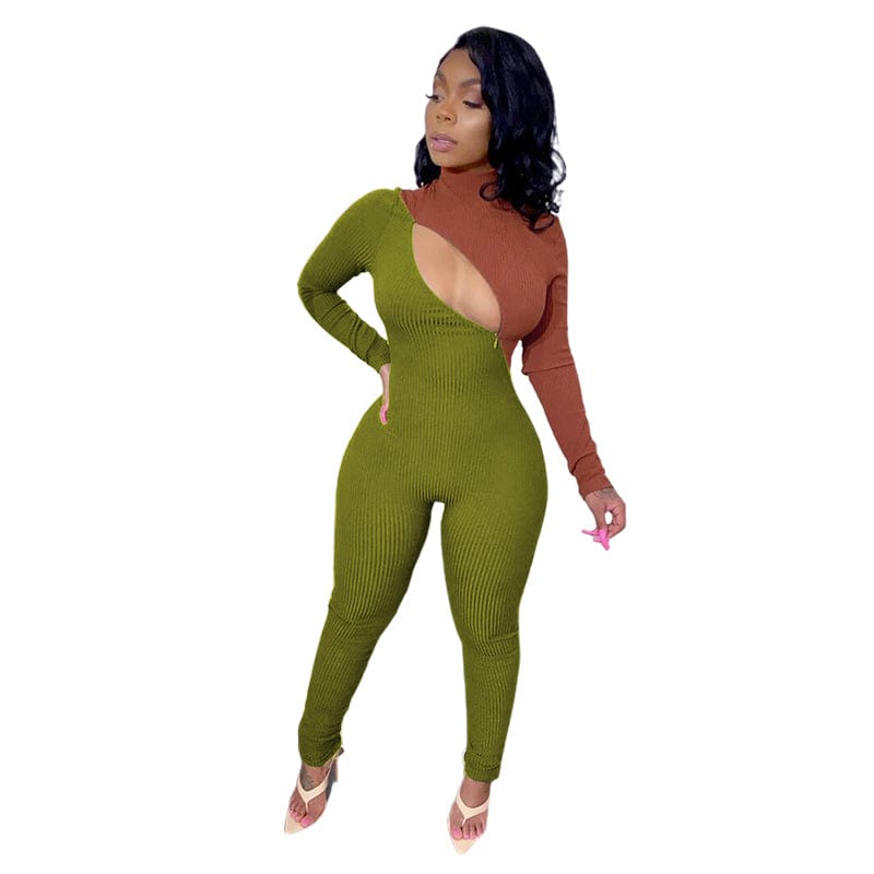 S / Orange Fashion Women Spring Turtleneck Solid Color Pit Zipper Color Matching One Piece Bodycon Jumpsuit