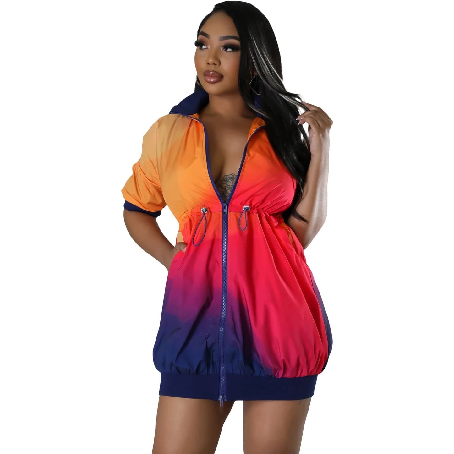 S / Orange L28644 Women's Jacket Baseball Uniform Long Sleeve Stand Collar Gradient Printing Sweatshirt Dresses