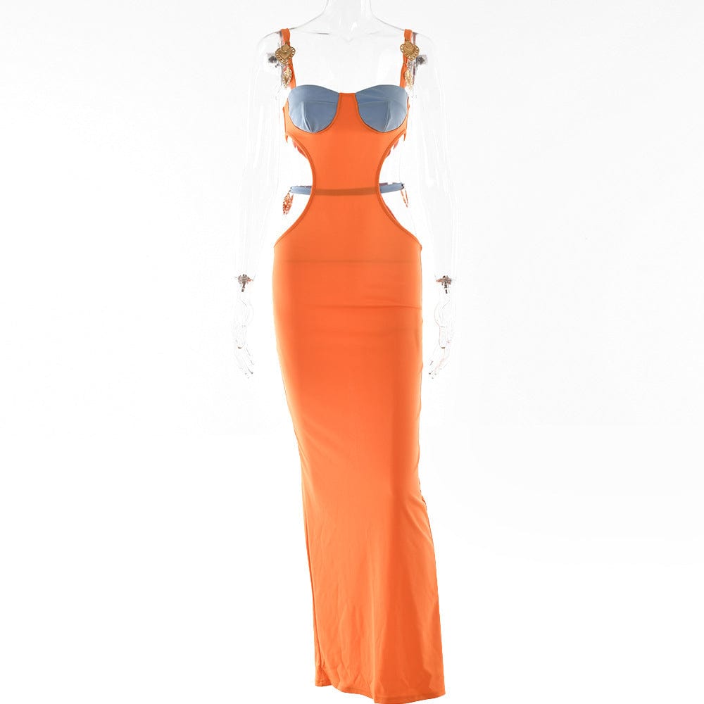 S / Orange New contrasting color patchwork halter strap Backless A-line dress popular in autumn sexy for women