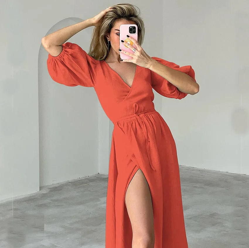 S / Orange New European Long Dress Pure Cotton  High Waist Spring Summer Autumn French Temperament A-line Female Split Casual Dress