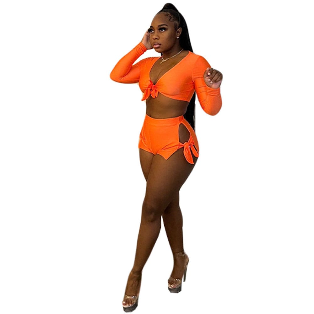 S / Orange Newest Design Solid Color Long Sleeve Crop Top Hollow Out Shorts Summer Lace-Up Sexy 2 Piece Set Women
