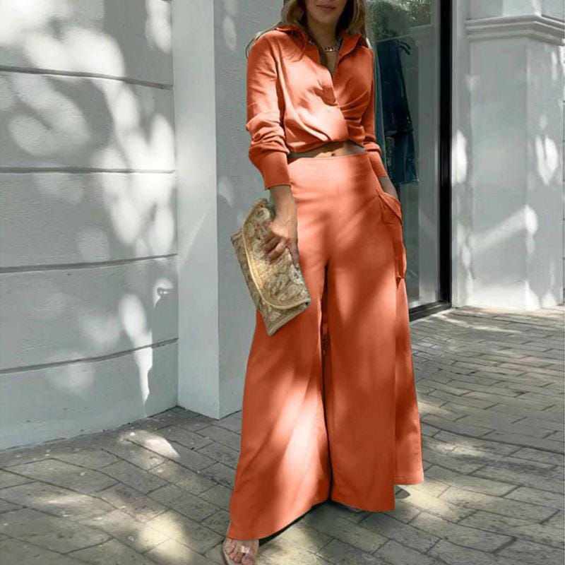 S / Orange Plus Size High Quality Tops and Pants 2 Piece Suit Fashion Casual Long Sleeve Blouse and Pants Set Temperament Women's Clothing