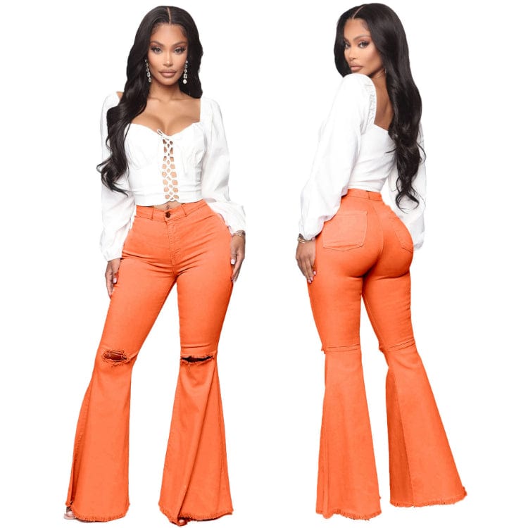 S / Orange Plus Size Jeans Woman High Waist 2023 New Denim Trousers Water Wash Versatile Women's Denim Flare Pants Lady Bell Bottom Jeans