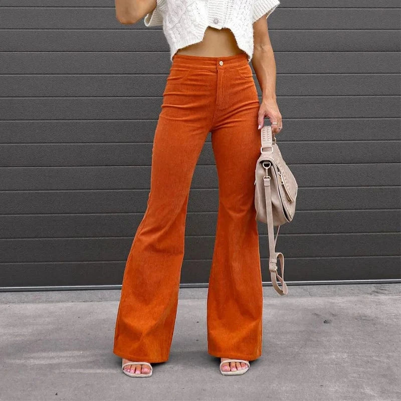 S / Orange Red European and American women's 2023 Autumn and Winter pure color Mid-waist Slim-fit micro flared pants corduroy casual pants