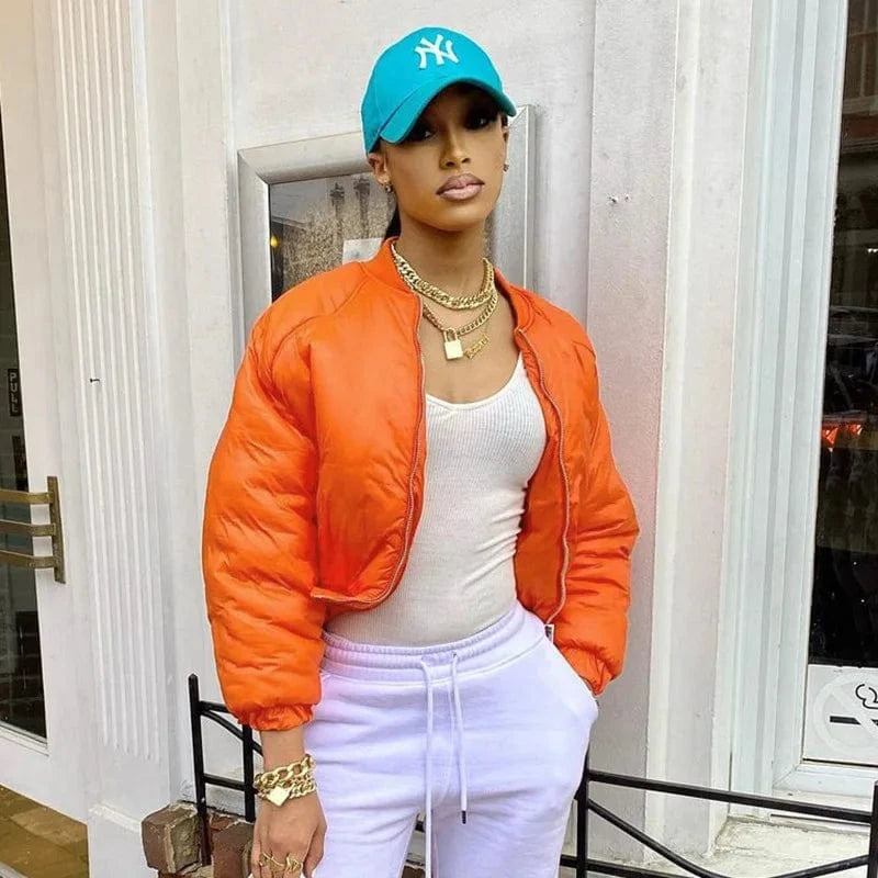 S / Orange Sexy Zipper Motorcycle Softshell Puffer Jacket Zipper Up Solid Ladies Coat Stand Collar Long Sleeve Womens Down Coats