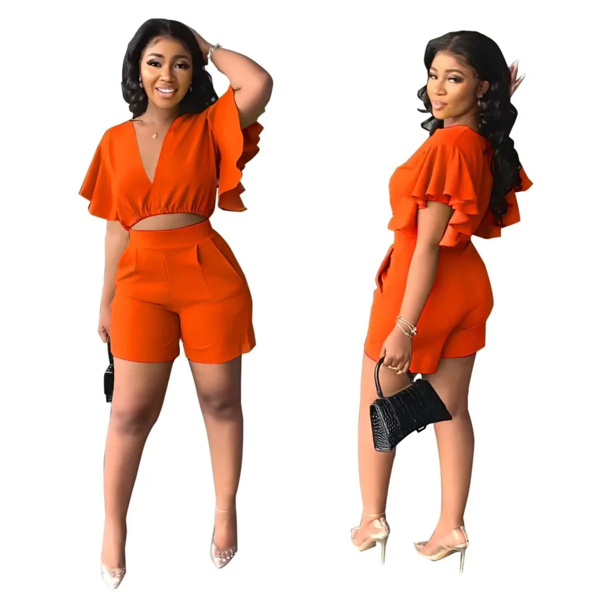 S / Orange Summer Women's Sets Ruffled Sleeve V-neck Top + High Waist Pocketed Shorts Suit Lady Solid Casual Two Piece Set