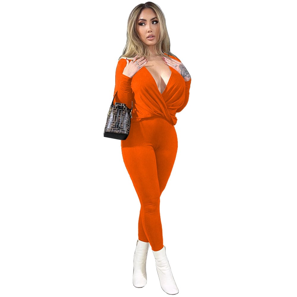 S / Orange Trendy Women Clothes Casual Sexy Solid Color V-neck Cross Pleated Loose Tops Trousers Two Piece Set