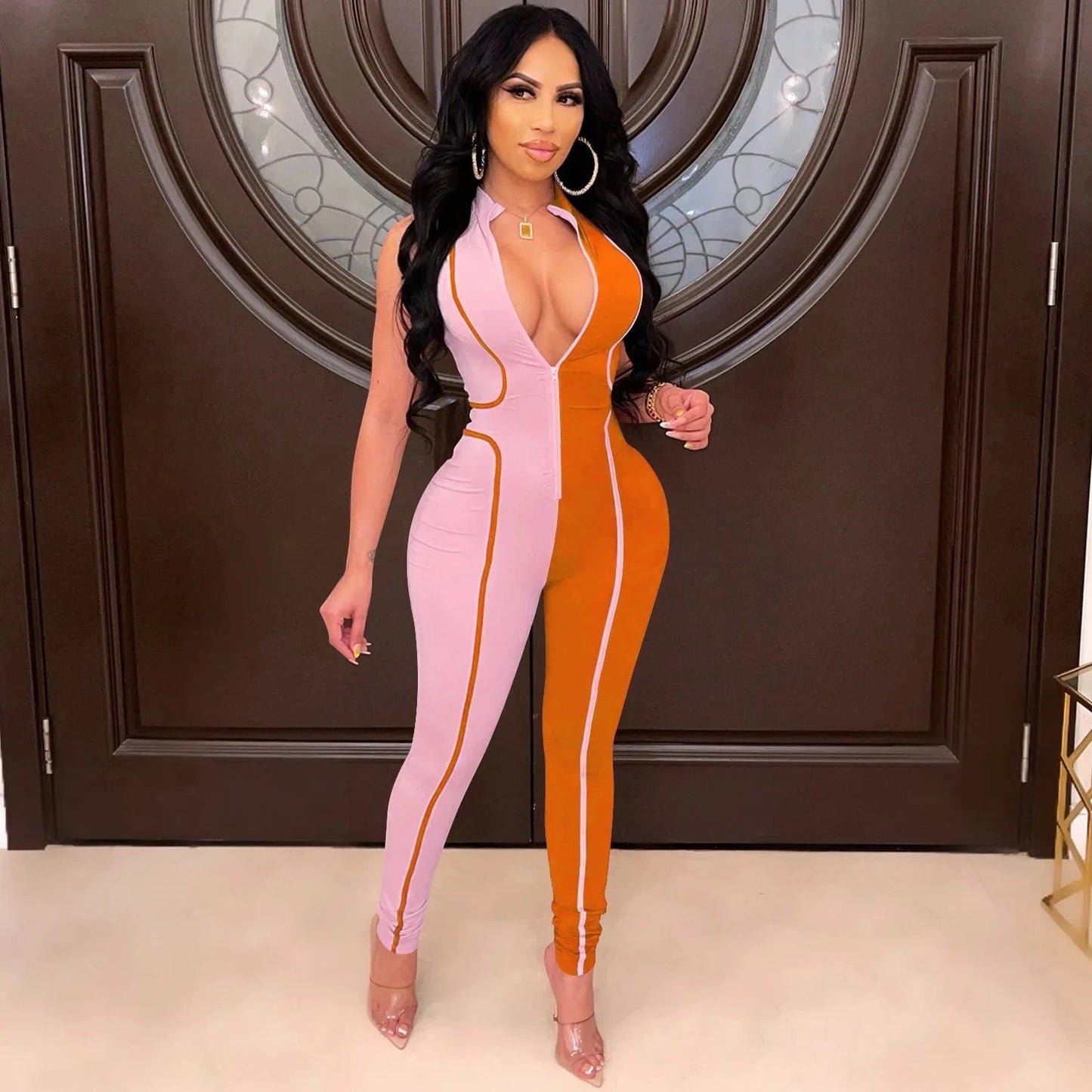 S / Orange Women's boutique women's autumn hot styles hit color fashion jumpsuit women sleeveless zipper jumpsuit