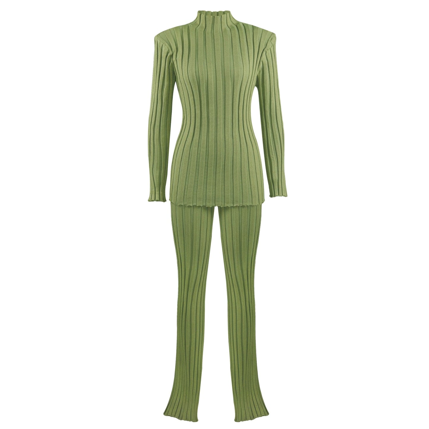 S / Pea green Amazon Hot Sale New Women's Solid Color Pit Stripe Shoulder Pads women two piece set Sweater Tops & Pants 2 Piece Set Women