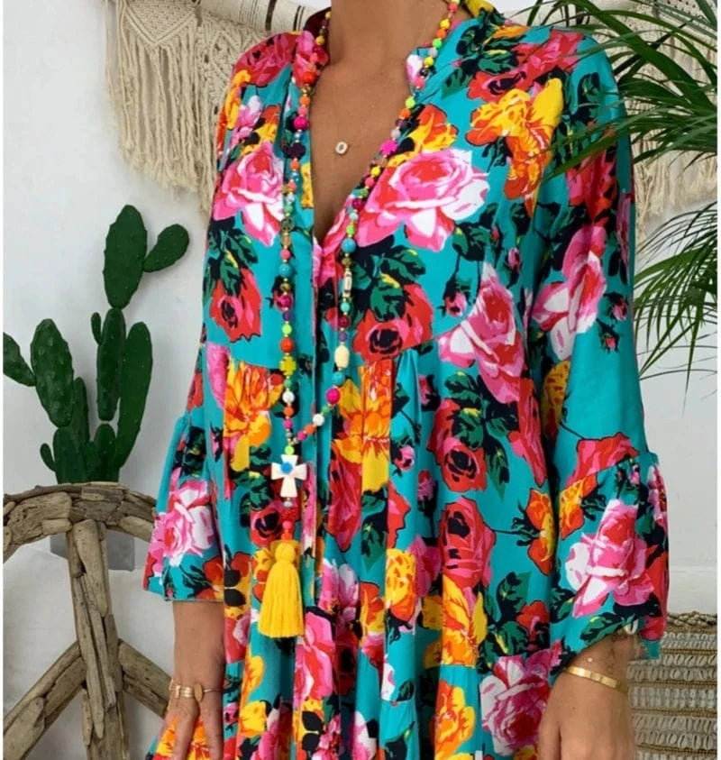 S / Peacock Blue 2023 Europe And America Southeast Asia New Casual Fashion Print Long Sleeve Large Size Women's Dress