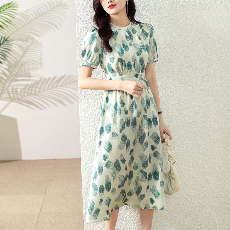 S / Photo Color Fashion printing dress small waist slim temperament green printing high-end 2022 summer new TA8598059