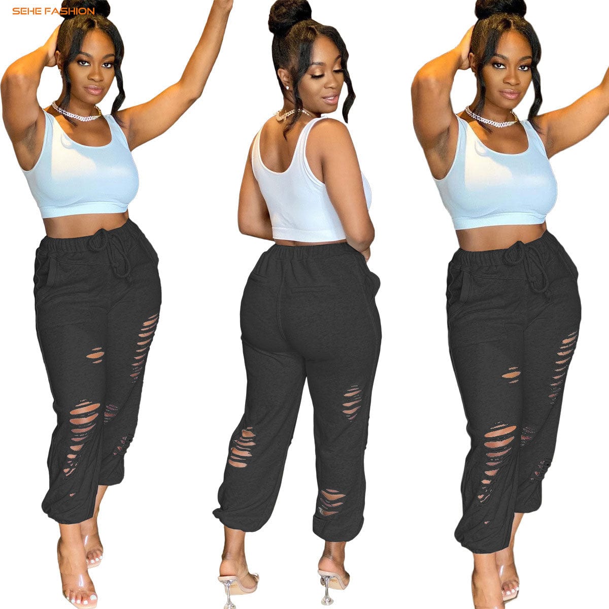 S / pic 5 21230-MX43 5 colors sports ripped harem plus size pants women sehe fashion