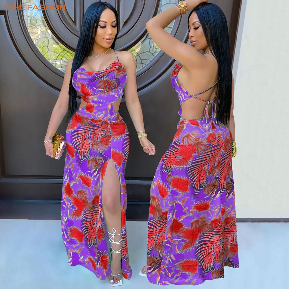 S / pic2 20730-MX75  sexy colorful print halter split design ladies dress sehe fashion