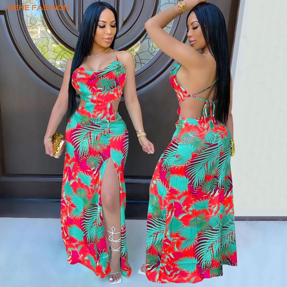 S / pic4 20730-MX75  sexy colorful print halter split design ladies dress sehe fashion