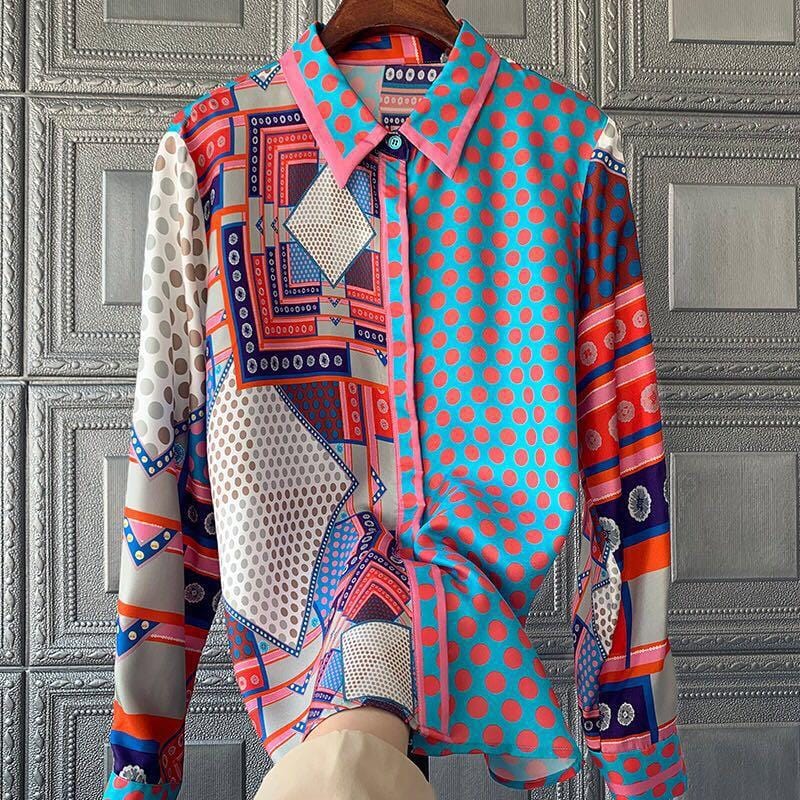 S / picture Popular Printed Heavyweight Silk Blouse For Women's Spring 2022 Fashion Multi-match Long-sleeve Silk Blouse For Women