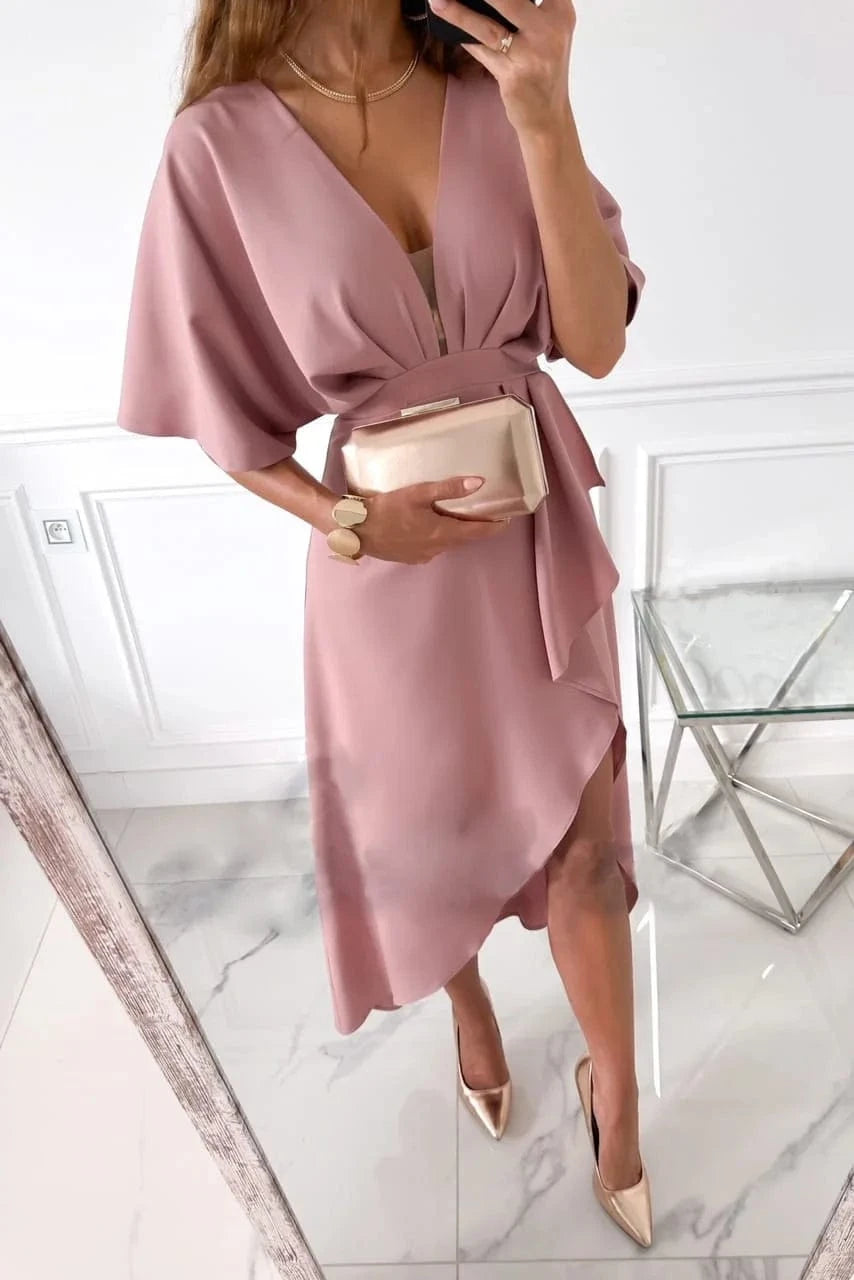 S / Pink 2023 Factory Wholesale Summer Women's Solid Color Five Sleeve High-Waist Dress Lady's V-neck Casual Pullover Irregular Dress