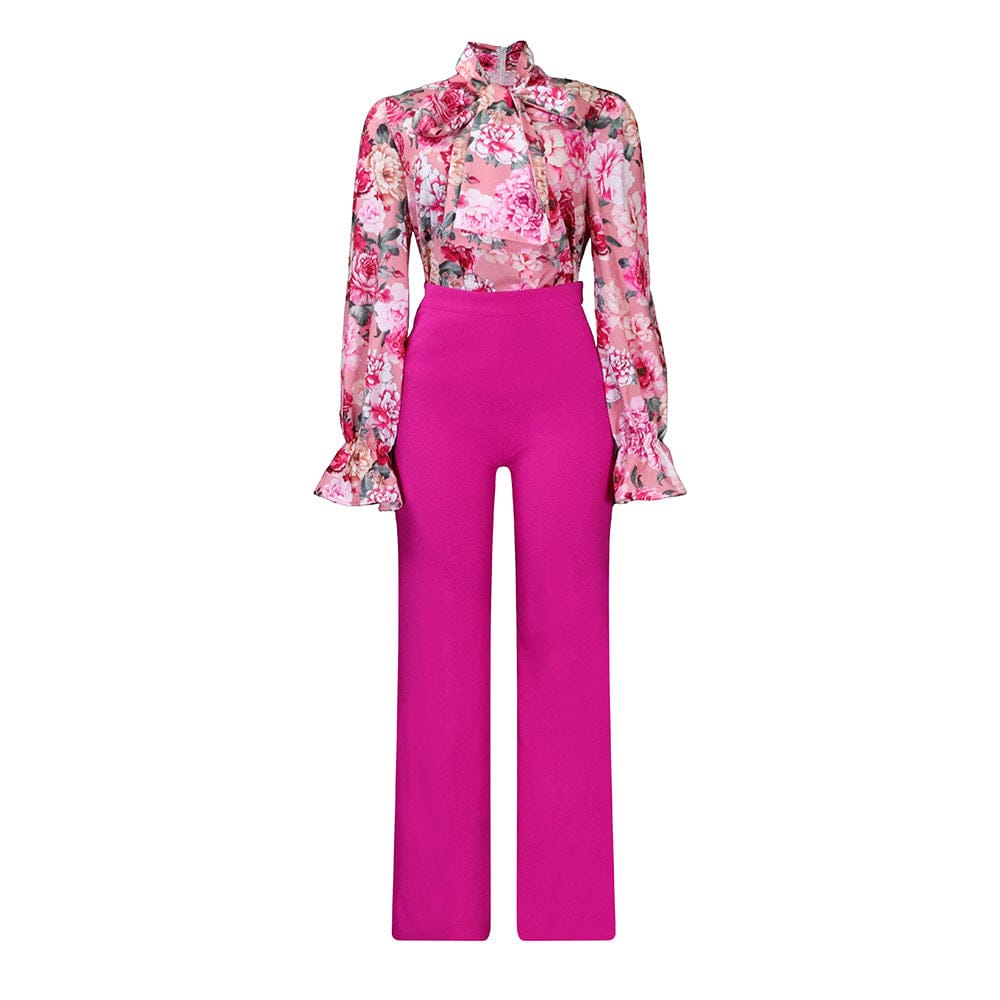 S / Pink 2023 Spring Two Piece Set Women's Clothing Sexy Loose Casual Floral Print Long-sleeved Shirt Wide Leg Pants 2 Piece Set
