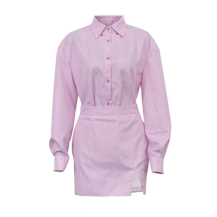 S / Pink 2023 Women's New Commuter Lapel Long Sleeve Striped Shirt Wrap Hip Skirt Fashion Office Suit
