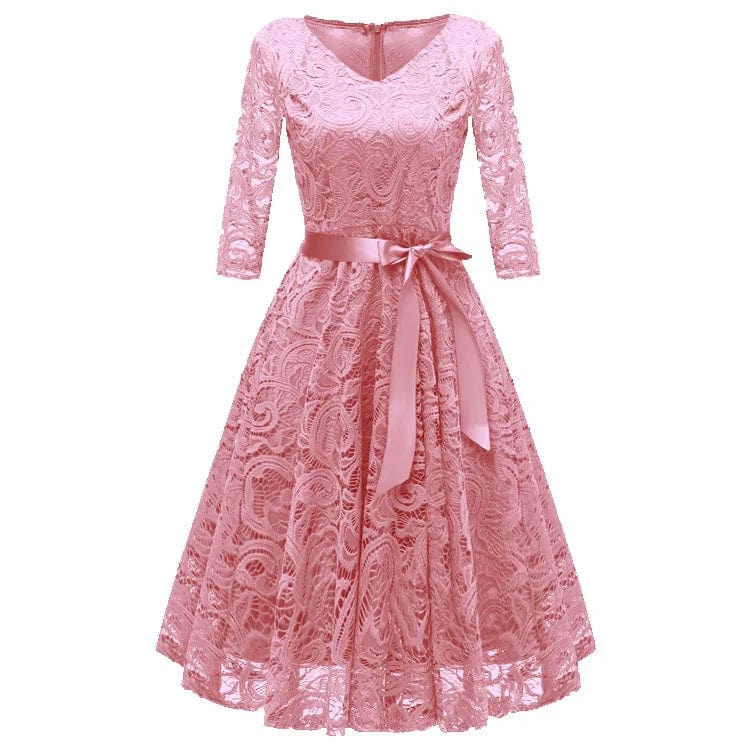 S / Pink 2024 Spring Festival women's lace long sleeve V-neck dress Women's sexy lace hollow dress Party Dress