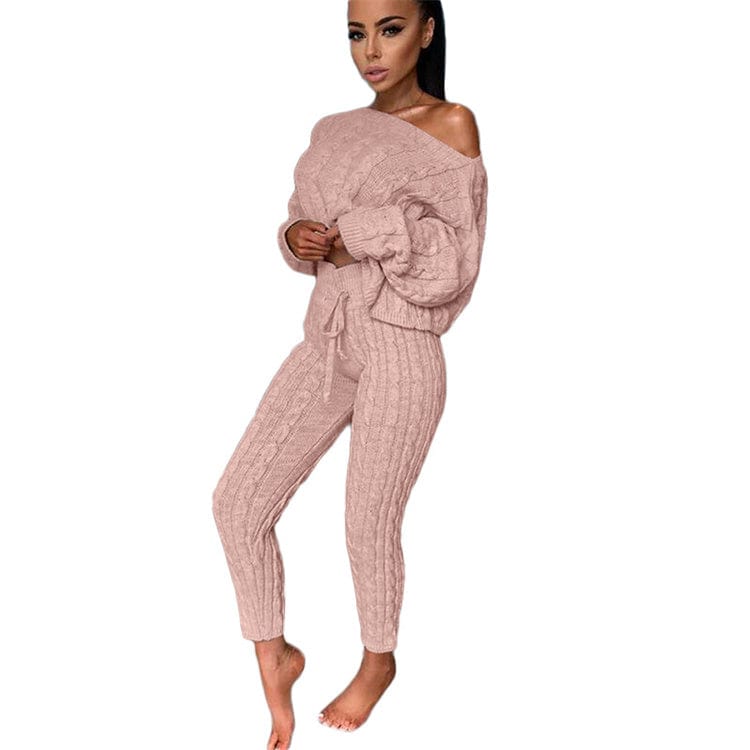 S / Pink 2pcs/Set Autumn Winter Knitted Outfits Women Pant Suits Sexy One Shoulder Sweaters Skinny Pants Two Piece Set Women