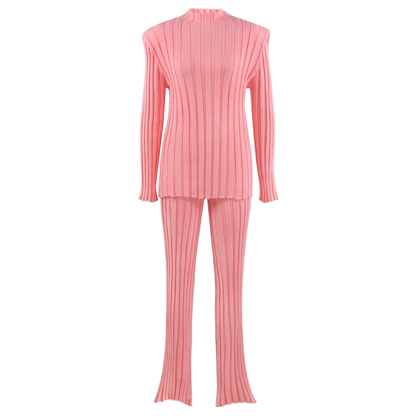 S / Pink Amazon Hot Sale New Women's Solid Color Pit Stripe Shoulder Pads women two piece set Sweater Tops & Pants 2 Piece Set Women