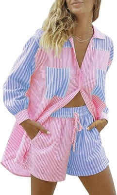 S / Pink blue Casual Women Summer Beach Tracksuit Shorts Set Striped Blouse Shirt Tops And Mini Shorts Suit Two Piece Set Loungewear Coldker