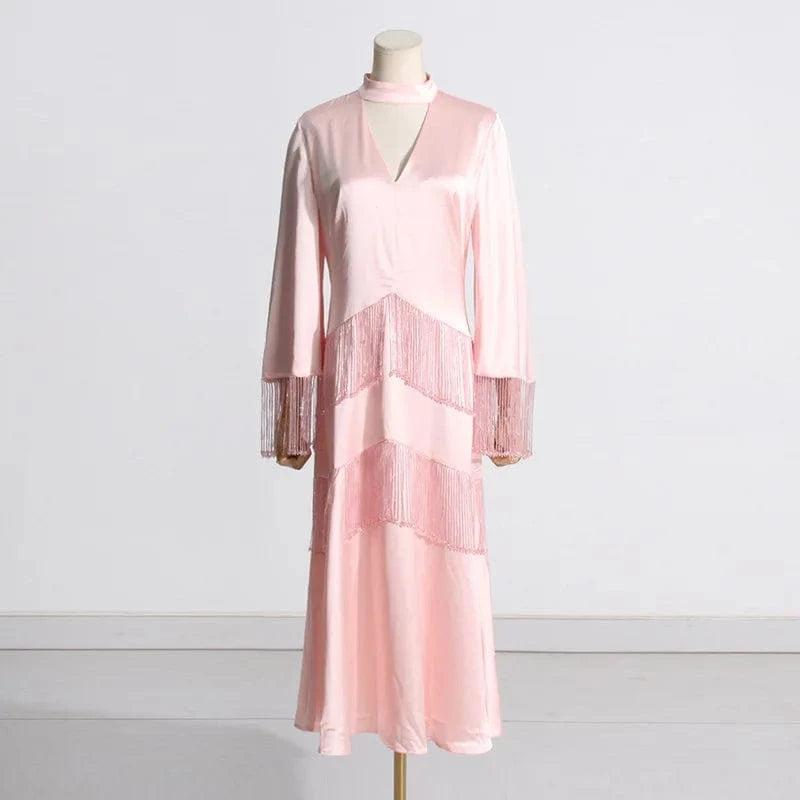 S / Pink CHICEVER Patchwork Tassel Hollow Out Stand Collar Long Sleeve High Waist Long Sleeve Dresses Long Dress For Women