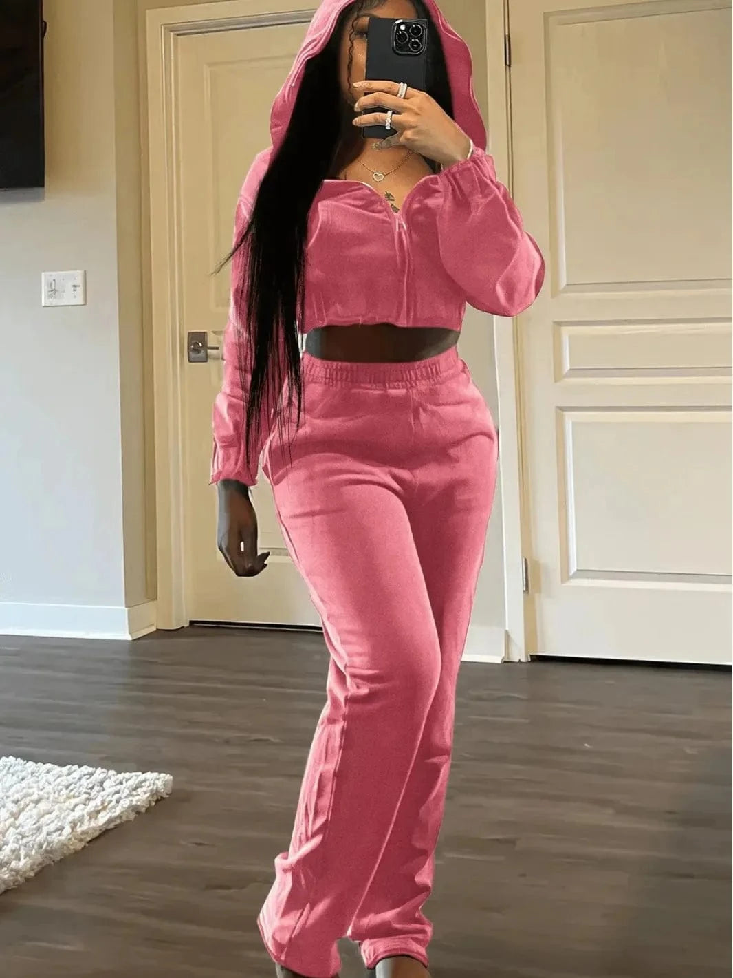 S / Pink Custom Logo New Fall Sweatshirt Sets For Women Two Pieces Women's Jogger Sweatsuits Zipper Crop Hoodies And Trousers Set