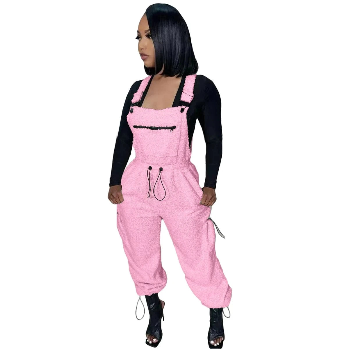 S / Pink Cute Loose Jumpsuit 2023 Fall Rompers with Pockets Women Clothing Winter Suspender Pants for Ladies