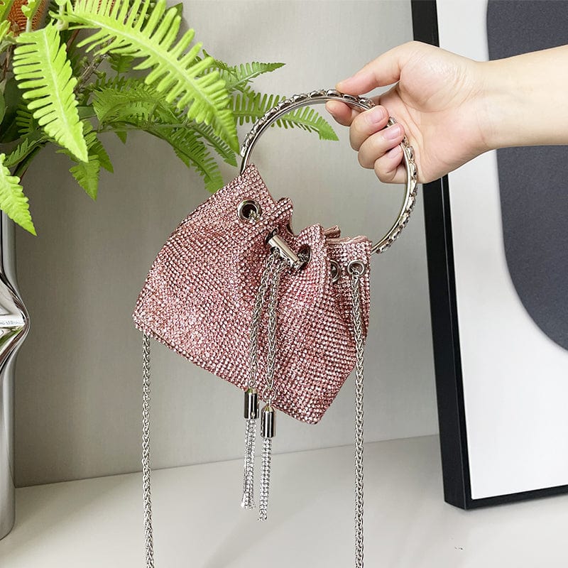 S / Pink Diamonds Tassel Evening Clutch Bag Women Luxury Designer Chain Metal Ring Handle Shiny Crystal Bucket Purse Bridal Wedding Party
