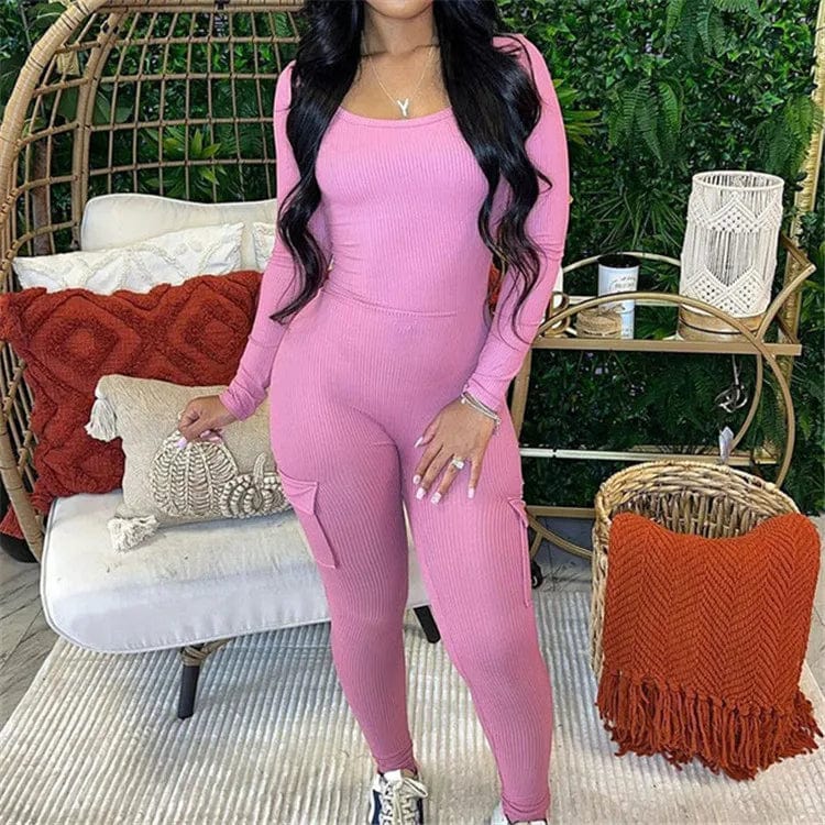 S / Pink Fall Ribbed Jumpsuit Women Pants 2023 One Piece Casual Outfits O Neck Long Sleeve Bodycon Jumpsuit