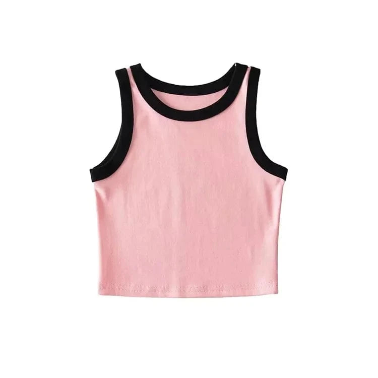 S / Pink Fashion Contrast Color 4 Color Wide Strap Crew Neck Sleeveless Pullover Cute Crop Top for Women