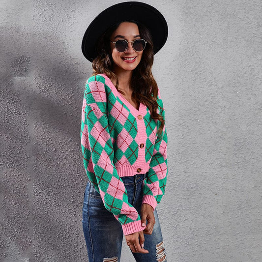 S / Pink Green Drop Shop  Acrylic Pink Green Color Soror Knitted Cardigan Short Sweater Women's Loose Amazon Cross-border Women's Wear