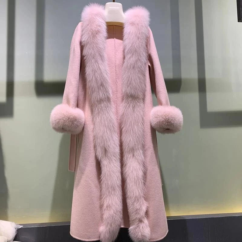 S / Pink Handmade Belted Cashmere Coat Windproof Long Wool Trench Coat Women With Fox Fur Trim