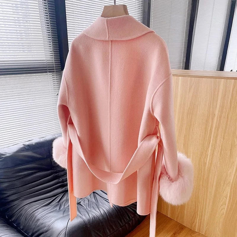 S / Pink Jancoco Luxury Fox Fur Cuffs Long Alpaca Wool Coat Winter Women Real Cashmere Wool Coat