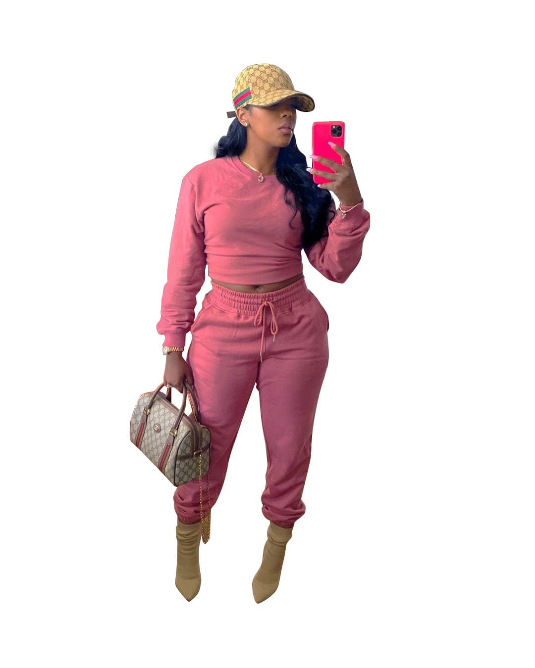 S / Pink kc Solid color cardigan tie long sleeve women's two-piece set