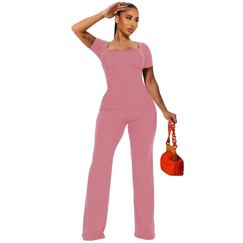 S / Pink luxury casual rib knit loungewear women 2pc one sets women knitted square collar 2 piece short sleeve t shirt and long pants set
