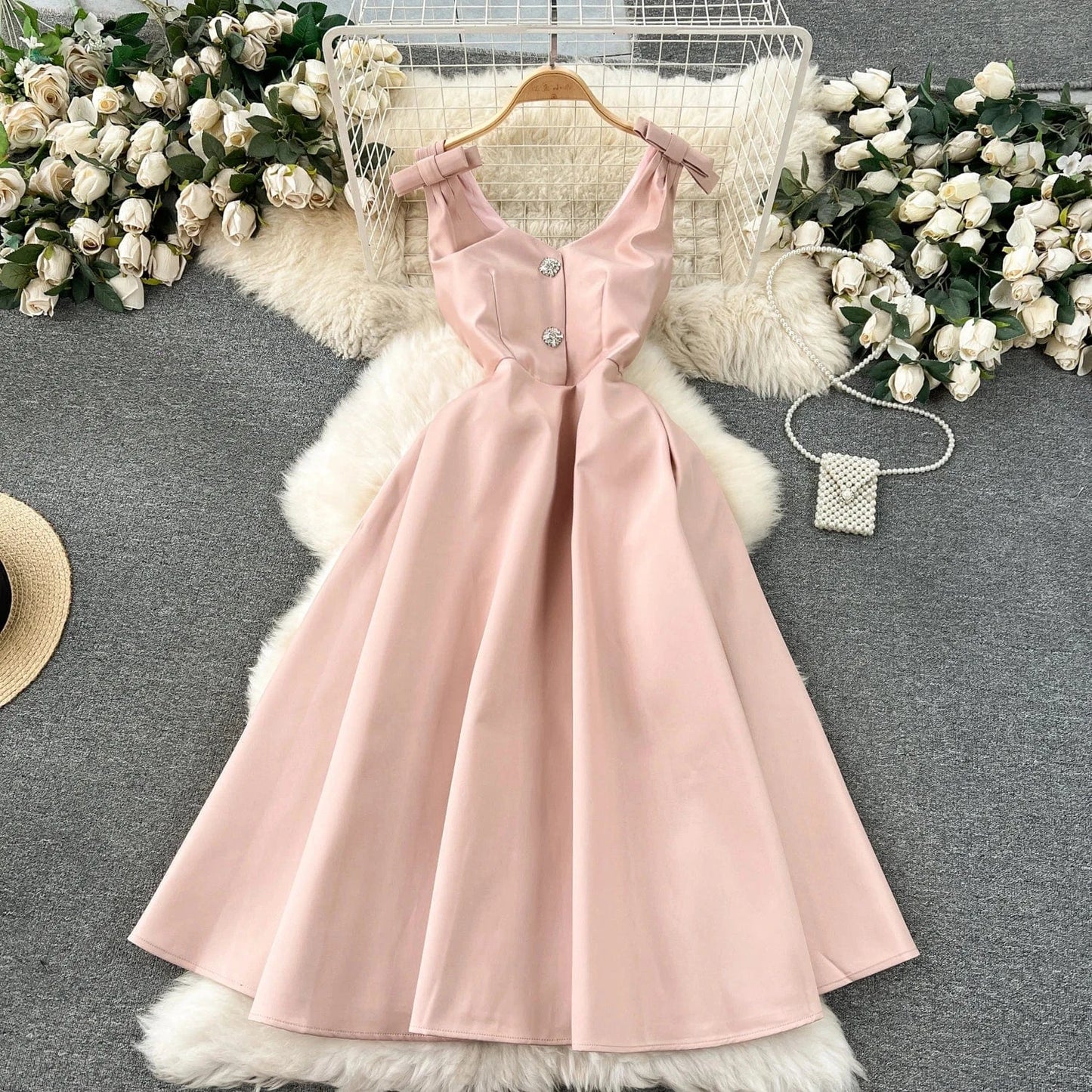 S / Pink New Arrival Hepburn Fashion Trendy Bow Diamond V-neck Vestidos Women Elegant Summer Casual Dresses